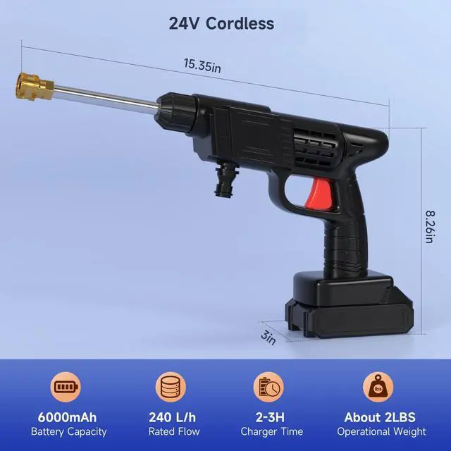 Alt view image 3 of 6 - Power Blaster Plus Cordless Portable Electric Water Spray Gun and Hose Car Washer Cleaner Tool for Balconies Windows, Exterior Walls, Floors, Fences, Gardens, Bathrooms