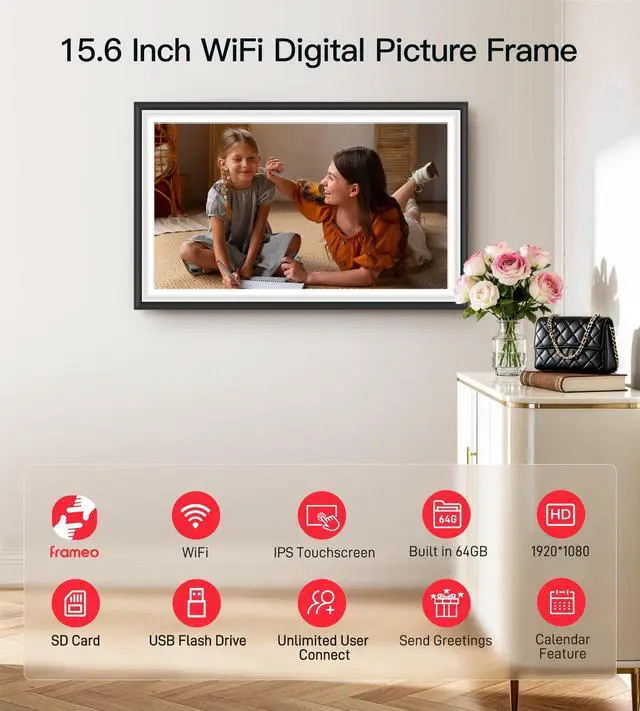 Alt view image 5 of 7 - Digital Picture Frame Frameo 15.6" WiFi Electronic Photo Frames Large with 64GB Memory 1920x1080 IPS FHD Touch Screen Share Moments Instantly Anywhere Photo Gifts for Parents and Grandparents