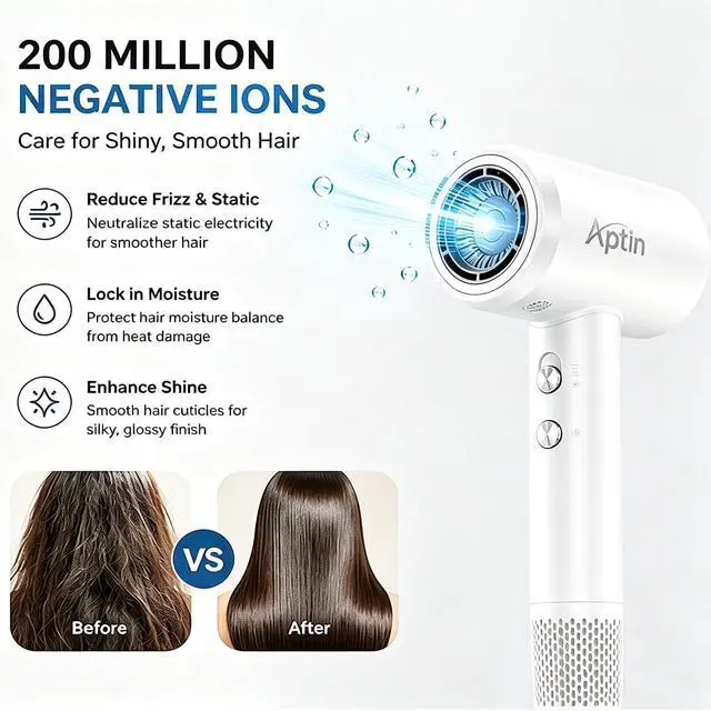 Alt view image 2 of 7 - Ionic Hair Dryer 110, 000 RPM High Speed Motor Ultra-Fast Drying, 200 Million Negative Ions for Frizz Reduction, Overheat Protection, Low Noise Magnetic Concentrator, No Heat Damage Lightweight