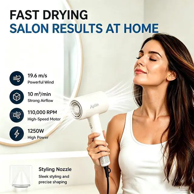Alt view image 6 of 7 - Ionic Hair Dryer 110, 000 RPM High Speed Motor Ultra-Fast Drying, 200 Million Negative Ions for Frizz Reduction, Overheat Protection, Low Noise Magnetic Concentrator, No Heat Damage Lightweight