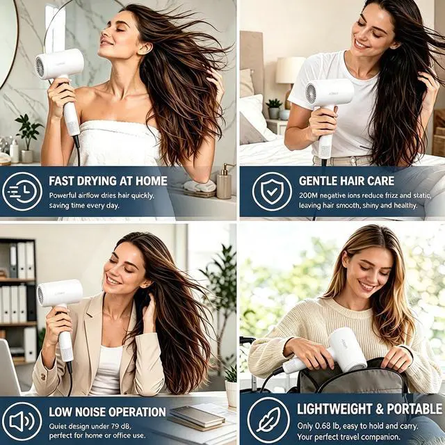 Alt view image 7 of 7 - Ionic Hair Dryer 110, 000 RPM High Speed Motor Ultra-Fast Drying, 200 Million Negative Ions for Frizz Reduction, Overheat Protection, Low Noise Magnetic Concentrator, No Heat Damage Lightweight