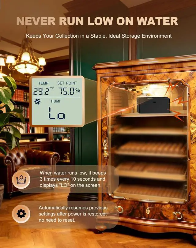 Alt view image 4 of 7 - Electric Humidifier for Cabinet (Fits 8 Cu Ft), Adjustable 20%90% RH, Quiet Operation with Real-Time Temp & Humidity Display, Precise Humidity Control, Ideal for Storing up to 300 PCS