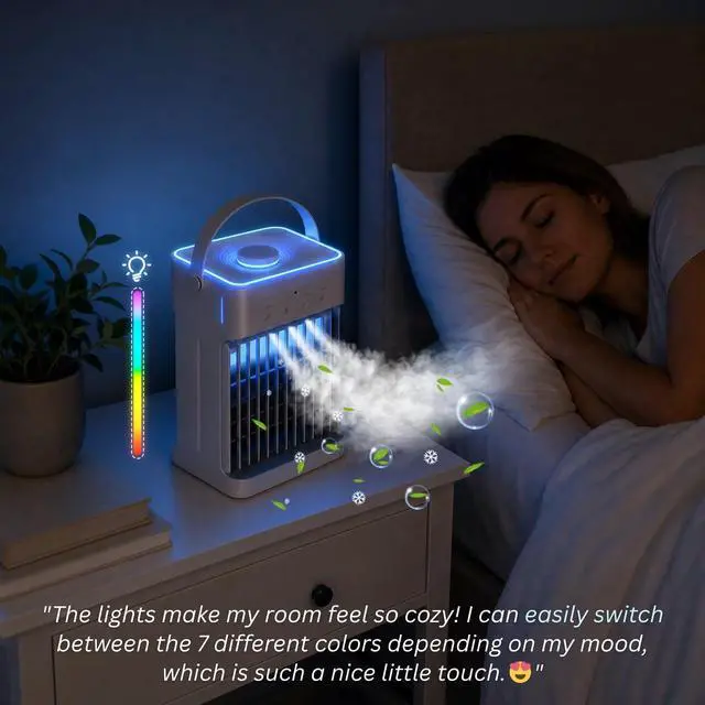 Alt view image 7 of 7 - Portable Air Conditioners, 3 Speeds, 3 Mist Settings, 40oz XL Water Tank, 2~8h Timer & 7-color Ambient Lights, Air Conditioner Portable, Personal Small Mini Air Conditioner Air Cooler for Room Bedroom