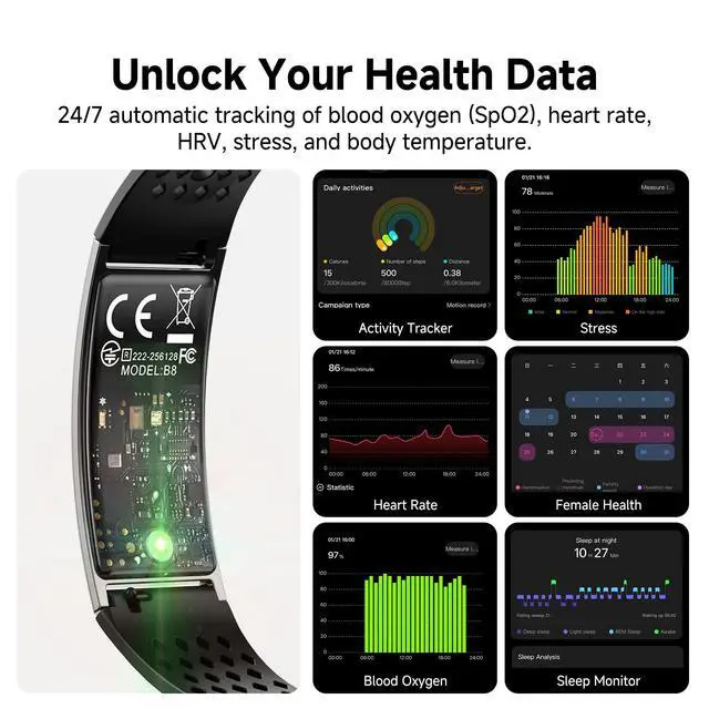 Alt view image 3 of 7 - Smart Bracelet, Subscription-Free 24/7 Health Tracking, Heart Rate, SpO2, HRV & Sleep Tracker with IPX8 Waterproof, Wearable Activity & Fitness Tracker, 7-Day Battery, 2 Bands