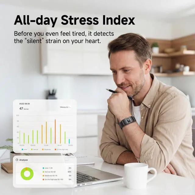 Alt view image 4 of 7 - Smart Bracelet, Subscription-Free 24/7 Health Tracking, Heart Rate, SpO2, HRV & Sleep Tracker with IPX8 Waterproof, Wearable Activity & Fitness Tracker, 7-Day Battery, 2 Bands