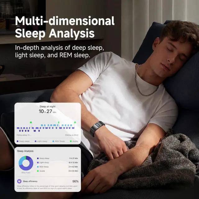 Alt view image 5 of 7 - Smart Bracelet, Subscription-Free 24/7 Health Tracking, Heart Rate, SpO2, HRV & Sleep Tracker with IPX8 Waterproof, Wearable Activity & Fitness Tracker, 7-Day Battery, 2 Bands