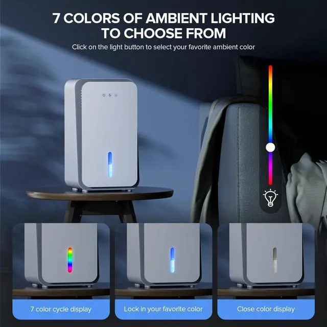 Alt view image 4 of 7 - Dehumidifier for Home,1000 sq.ft Dehumidifier for Basement Bathroom Bedroom with Auto Shut Off, Built-in Aromatherapy Diffuser,7 Colors LED Light, Quiet Dehumidifiers with Sleep Mode(CS08-Cream)