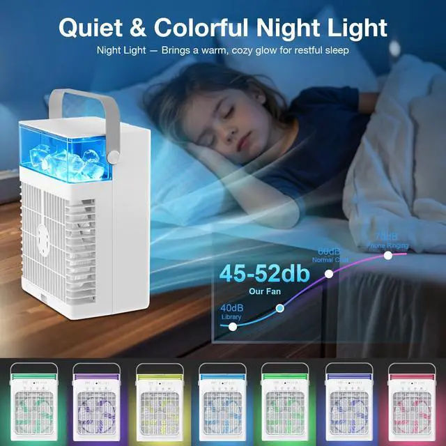 Alt view image 6 of 7 - Portable Air Conditioners, 3-1 Mini AC Unit with Remote, 4 Speeds Small Air Cooler With 2 Mist Modes, 2 Cooling Modes,Timer,7 Lights, USB Powered Cooling Fan for Bedoom Camping Office