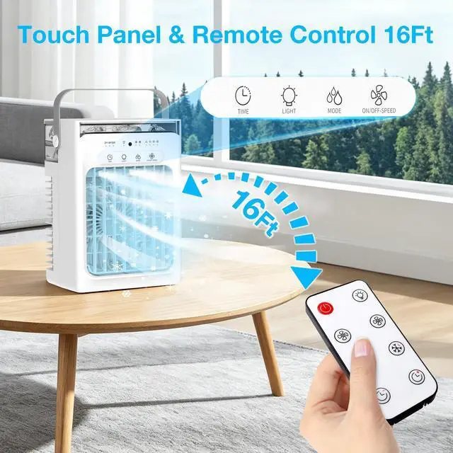 Alt view image 4 of 7 - Portable Air Conditioners, 3-1 Mini AC Unit with Remote, 4 Speeds Small Air Cooler With 2 Mist Modes, 2 Cooling Modes,Timer,7 Lights, USB Powered Cooling Fan for Bedoom Camping Office