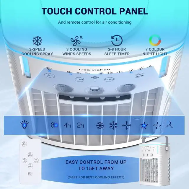 Alt view image 4 of 7 - Portable Air Conditioners, New 4-in-1 Ultra-Quiet Portable AC Unit, 1000ML Water Tank Evaporative Air Cooler with 3-Cool Mist & 3-Speeds, Remote Control, 7 Color Light, 8H Timer for Bedroom,Office,Car