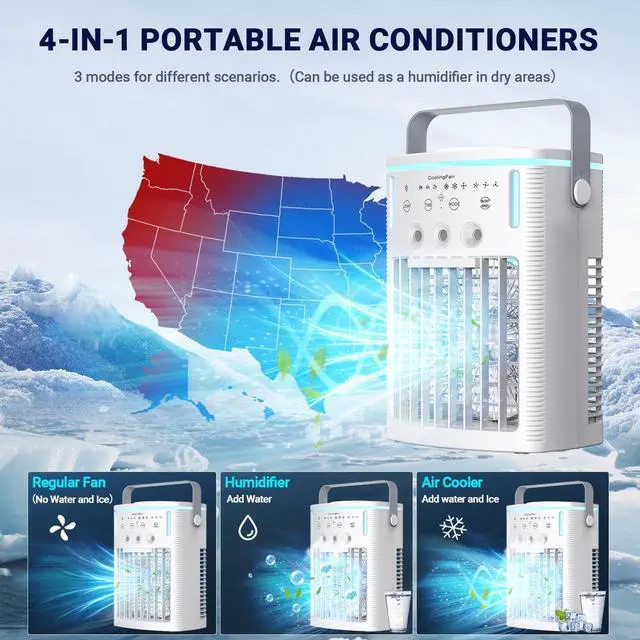 Alt view image 3 of 7 - Portable Air Conditioners, New 4-in-1 Ultra-Quiet Portable AC Unit, 1000ML Water Tank Evaporative Air Cooler with 3-Cool Mist & 3-Speeds, Remote Control, 7 Color Light, 8H Timer for Bedroom,Office,Car