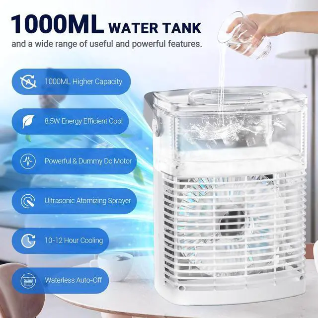 Alt view image 6 of 7 - Portable Air Conditioners, New 4-in-1 Ultra-Quiet Portable AC Unit, 1000ML Water Tank Evaporative Air Cooler with 3-Cool Mist & 3-Speeds, Remote Control, 7 Color Light, 8H Timer for Bedroom,Office,Car