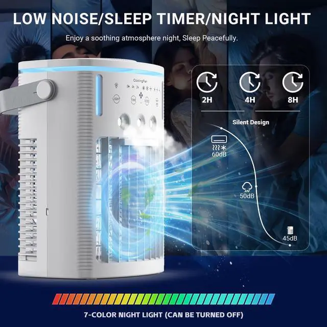 Alt view image 5 of 7 - Portable Air Conditioners, New 4-in-1 Ultra-Quiet Portable AC Unit, 1000ML Water Tank Evaporative Air Cooler with 3-Cool Mist & 3-Speeds, Remote Control, 7 Color Light, 8H Timer for Bedroom,Office,Car