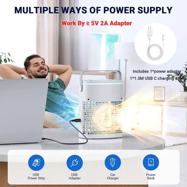 Alt view image 7 of 7 - Portable Air Conditioners, New 4-in-1 Ultra-Quiet Portable AC Unit, 1000ML Water Tank Evaporative Air Cooler with 3-Cool Mist & 3-Speeds, Remote Control, 7 Color Light, 8H Timer for Bedroom,Office,Car