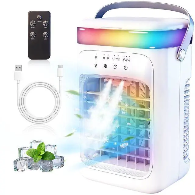 Main image of 2026 New 4-in-1 Portable Air Conditioner, Sound 30dB Mini AC Unit, 12H Runtime, 1000ML Evaporative Air Cooler, 3 Speed & 2 Mist, Remote, USB, Timer, 7-Color LED for Bedroom Office Car - 1 PCS