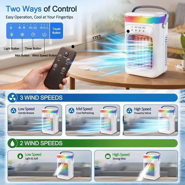 Alt view image 3 of 7 - 2026 New 4-in-1 Portable Air Conditioner, Sound 30dB Mini AC Unit, 12H Runtime, 1000ML Evaporative Air Cooler, 3 Speed & 2 Mist, Remote, USB, Timer, 7-Color LED for Bedroom Office Car - 1 PCS