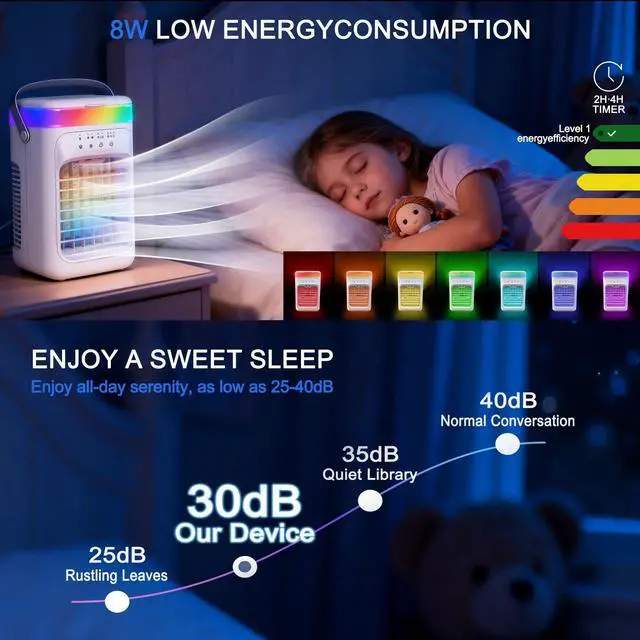 Alt view image 4 of 7 - 2026 New 4-in-1 Portable Air Conditioner, Sound 30dB Mini AC Unit, 12H Runtime, 1000ML Evaporative Air Cooler, 3 Speed & 2 Mist, Remote, USB, Timer, 7-Color LED for Bedroom Office Car - 1 PCS