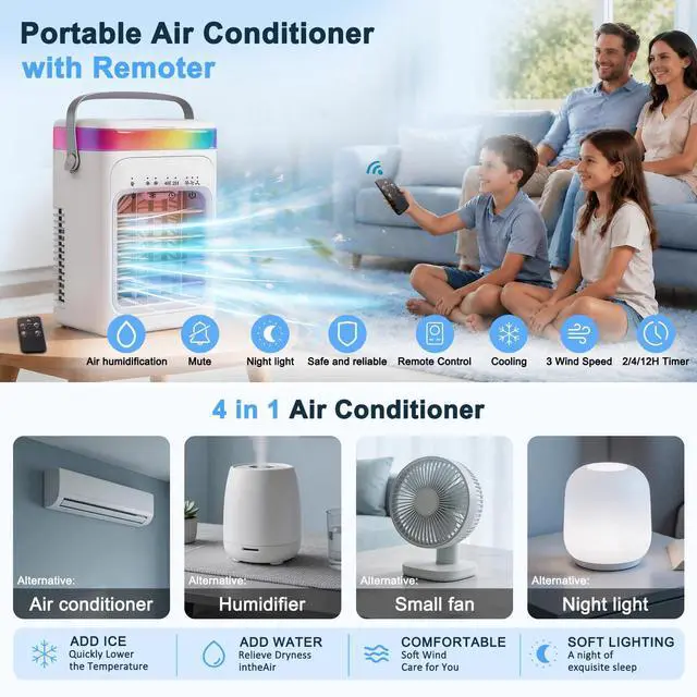 Alt view image 2 of 7 - 2026 New 4-in-1 Portable Air Conditioner, Sound 30dB Mini AC Unit, 12H Runtime, 1000ML Evaporative Air Cooler, 3 Speed & 2 Mist, Remote, USB, Timer, 7-Color LED for Bedroom Office Car - 1 PCS