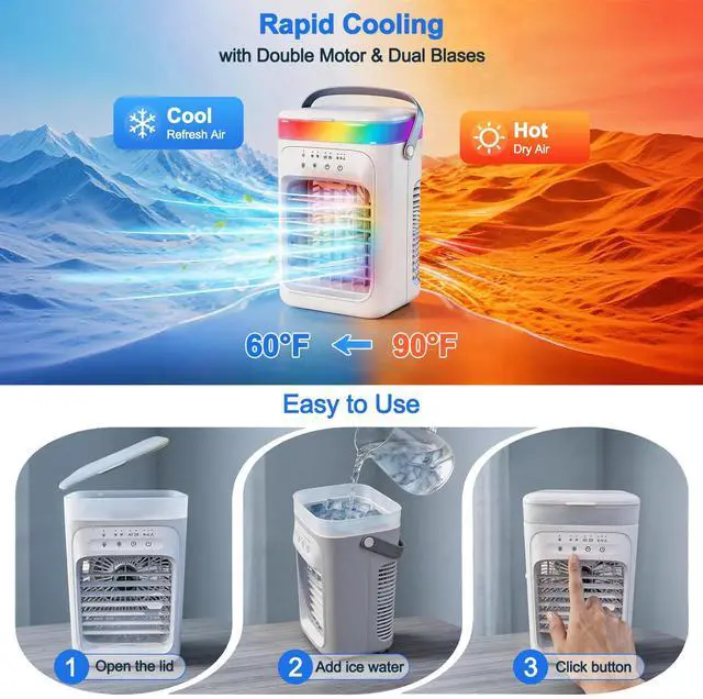 Alt view image 5 of 7 - 2026 New 4-in-1 Portable Air Conditioner, Sound 30dB Mini AC Unit, 12H Runtime, 1000ML Evaporative Air Cooler, 3 Speed & 2 Mist, Remote, USB, Timer, 7-Color LED for Bedroom Office Car - 1 PCS