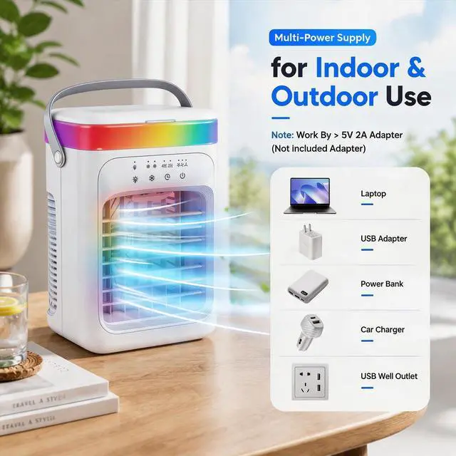 Alt view image 7 of 7 - 2026 New 4-in-1 Portable Air Conditioner, Sound 30dB Mini AC Unit, 12H Runtime, 1000ML Evaporative Air Cooler, 3 Speed & 2 Mist, Remote, USB, Timer, 7-Color LED for Bedroom Office Car - 1 PCS