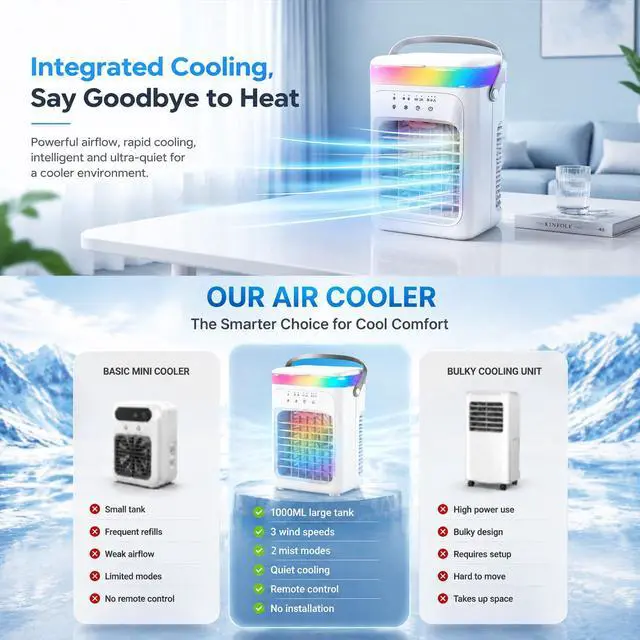 Alt view image 6 of 7 - 2026 New 4-in-1 Portable Air Conditioner, Sound 30dB Mini AC Unit, 12H Runtime, 1000ML Evaporative Air Cooler, 3 Speed & 2 Mist, Remote, USB, Timer, 7-Color LED for Bedroom Office Car - 1 PCS