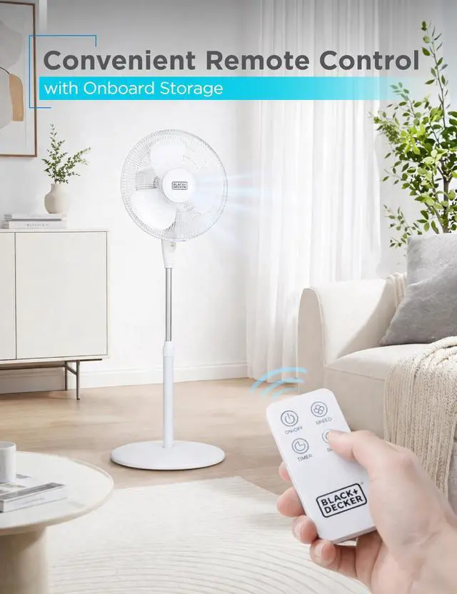 Alt view image 3 of 7 - 16" Standing Oscillating Pedestal Fan with Remote, 90-Degree Oscillation, 3 Speed Settings, Adjustable Height, Timer, 30-Degree Tilt, BFSR16W, White