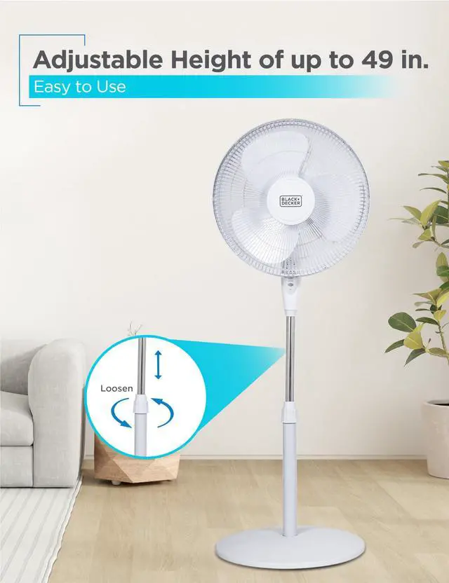Alt view image 5 of 7 - 16" Standing Oscillating Pedestal Fan with Remote, 90-Degree Oscillation, 3 Speed Settings, Adjustable Height, Timer, 30-Degree Tilt, BFSR16W, White