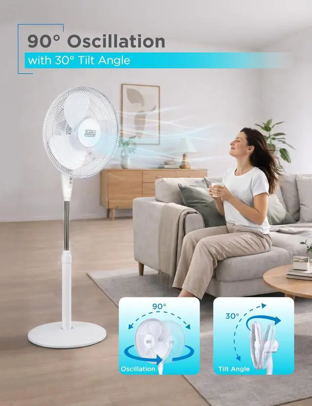 Alt view image 6 of 7 - 16" Standing Oscillating Pedestal Fan with Remote, 90-Degree Oscillation, 3 Speed Settings, Adjustable Height, Timer, 30-Degree Tilt, BFSR16W, White