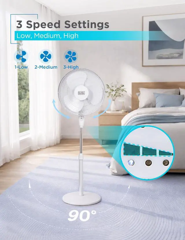 Alt view image 4 of 7 - 16" Standing Oscillating Pedestal Fan with Remote, 90-Degree Oscillation, 3 Speed Settings, Adjustable Height, Timer, 30-Degree Tilt, BFSR16W, White