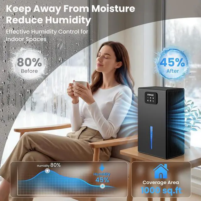 Alt view image 2 of 7 - Dehumidifier, 1000 sq.ft Quiet Dehumidifiers for Home Bedroom Basement Bathroom with 95oz Water Tank, Sleep Mode, Auto Shut-Off 7 Colors LED Light, Grey