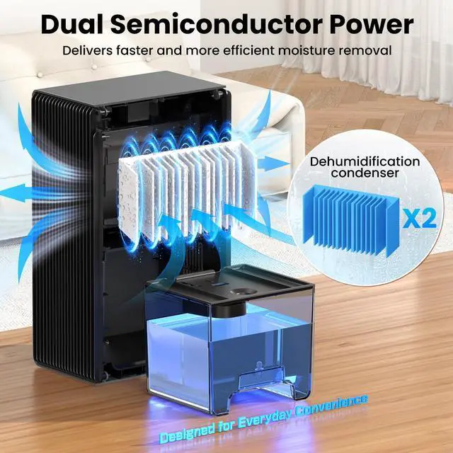 Alt view image 3 of 7 - Dehumidifier, 1000 sq.ft Quiet Dehumidifiers for Home Bedroom Basement Bathroom with 95oz Water Tank, Sleep Mode, Auto Shut-Off 7 Colors LED Light, Grey