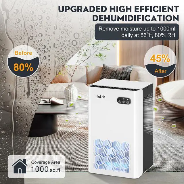 Alt view image 2 of 7 - Dehumidifier for Home, 1000 sq.ft Dehumidifiers for Basement Bedroom Bathroom with 95 OZ Water Tank, Auto Shut Off 7 Colors LED Light, White Black