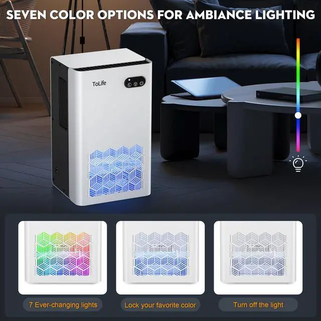 Alt view image 5 of 7 - Dehumidifier for Home, 1000 sq.ft Dehumidifiers for Basement Bedroom Bathroom with 95 OZ Water Tank, Auto Shut Off 7 Colors LED Light, White Black