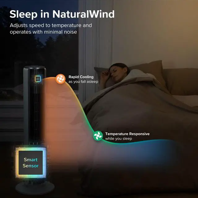 Alt view image 5 of 7 - Tower Fan for Bedroom, 90° Oscillating Standing Fan with 28dB Quiet for Sleep, 25ft/s Velocity, 12H Timer, 5 Speeds 4 Modes, Remoter, Bladeless Room Fan for Home, Office, Indoor, 36 inch, White
