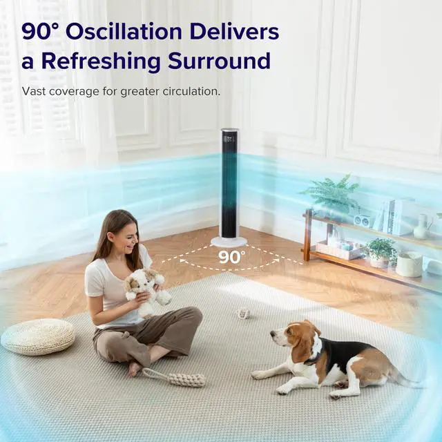 Alt view image 3 of 7 - Tower Fan for Bedroom, 90° Oscillating Standing Fan with 28dB Quiet for Sleep, 25ft/s Velocity, 12H Timer, 5 Speeds 4 Modes, Remoter, Bladeless Room Fan for Home, Office, Indoor, 36 inch, White