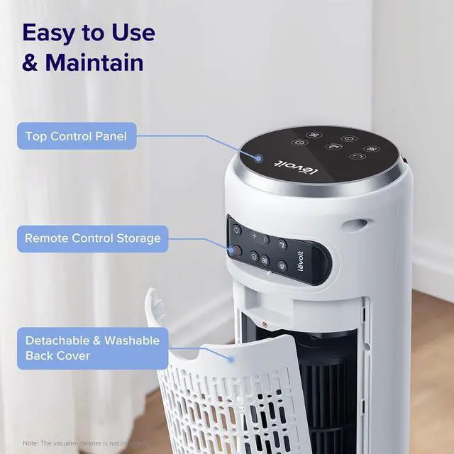 Alt view image 7 of 7 - Tower Fan for Bedroom, 90° Oscillating Standing Fan with 28dB Quiet for Sleep, 25ft/s Velocity, 12H Timer, 5 Speeds 4 Modes, Remoter, Bladeless Room Fan for Home, Office, Indoor, 36 inch, White