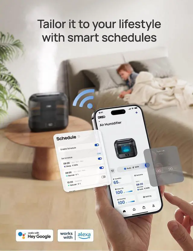 Alt view image 2 of 7 - Smart Humidifiers for Bedroom, Top Fill 4L Supersized Humidifier Large Room with 28 dB, 36H Runtime, Touch/APP/Voice Control, Nightlight, Cool Mist Humidifiers for Baby, Plants, Indoor, Black