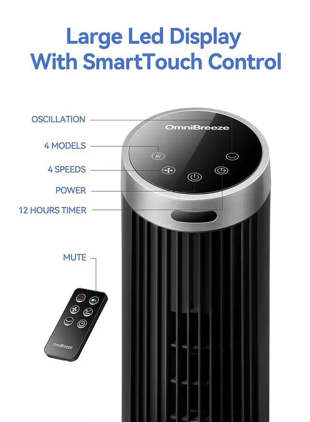 Alt view image 7 of 7 - Digital Electric Tower Fan, with Remote Control, LED Display, Standing Bladeless Floor Fans Cooling and Quite Indoor Living Room Bedroom use (36 Inch)