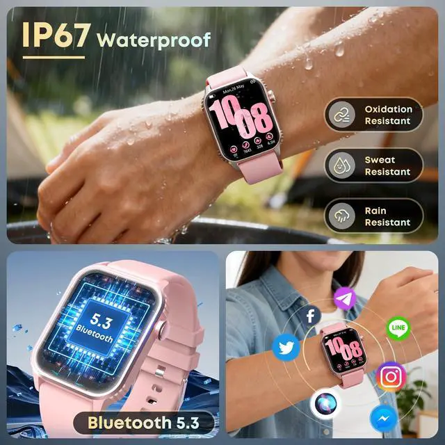 Alt view image 6 of 7 - Smart Watches for Women Men, 120 Sports Modes Smartwatch with 1.83 inches HD Display, Heart Rate/Sleep Monitor, IP67 Waterproof, Bluetooth Call & Music Control for iPhone/Android (Pink)