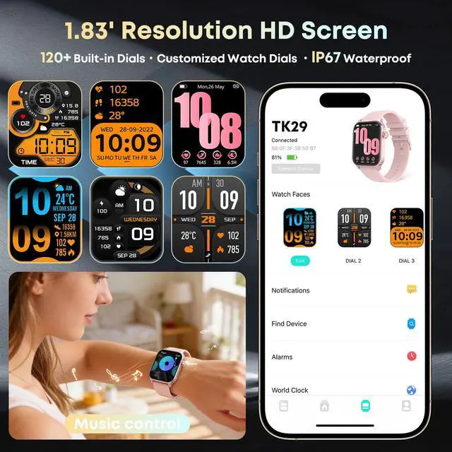 Alt view image 5 of 7 - Smart Watches for Women Men, 120 Sports Modes Smartwatch with 1.83 inches HD Display, Heart Rate/Sleep Monitor, IP67 Waterproof, Bluetooth Call & Music Control for iPhone/Android (Pink)