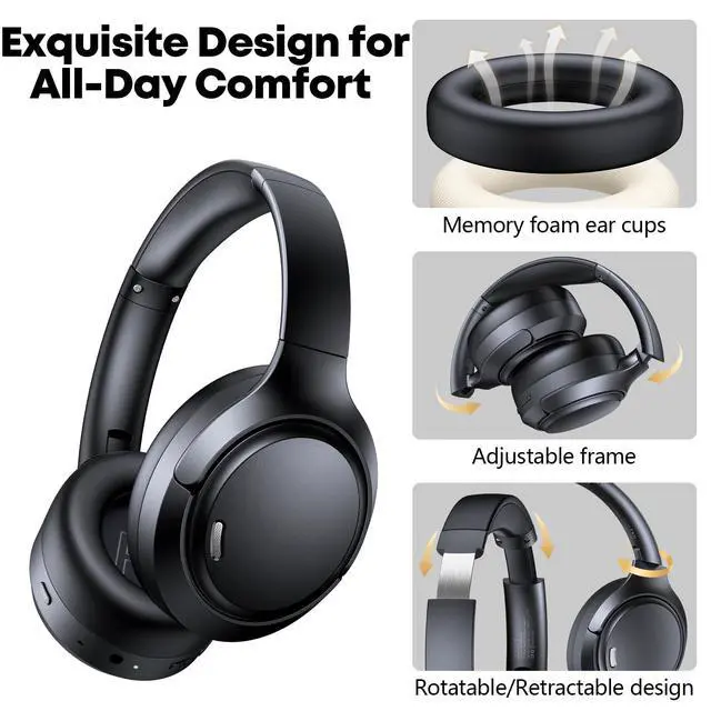 Alt view image 5 of 7 - Hybrid Active Noise Cancelling Bluetooth 6.0 Headphones 120H Long Playtime, 6 ENC Mic, Over Ear Headphones Wireless, Hi-Res Audio, Memory Foam Earcup, Transparency Mode ANC Headphone for Travel Office