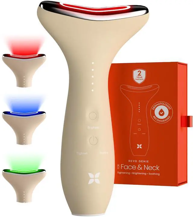 Main image of REVO Genie Facial Massager for Face and Neck, LED Beauty Device with Heat and Vibration, Depuffing Sculpting Tool with Red Blue Green Light Modes for Skincare Routine