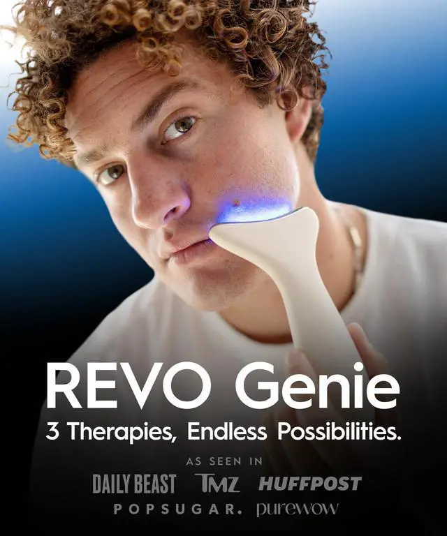 Alt view image 2 of 7 - REVO Genie Facial Massager for Face and Neck, LED Beauty Device with Heat and Vibration, Depuffing Sculpting Tool with Red Blue Green Light Modes for Skincare Routine