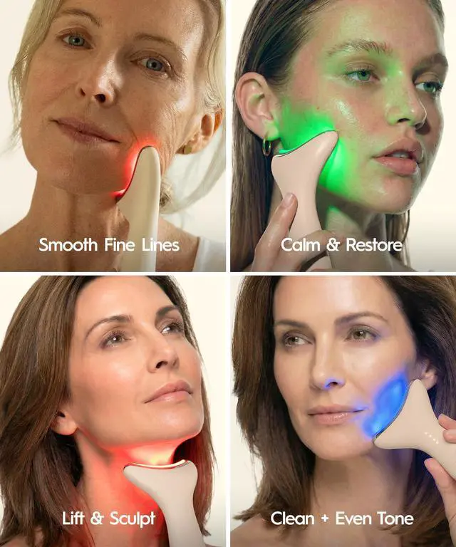 Alt view image 3 of 7 - REVO Genie Facial Massager for Face and Neck, LED Beauty Device with Heat and Vibration, Depuffing Sculpting Tool with Red Blue Green Light Modes for Skincare Routine