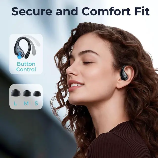 Alt view image 5 of 7 - Active Noise Cancelling Earbuds Wireless Bluetooth Headphones Ear Buds 90Hrs Playback Stereo Bass Earphones with Mic Over-Ear Hooks IPX7 Waterproof Headset for Work Sports Running Matte Black