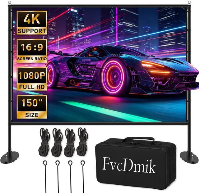 Main image of 150 inch Projector Screen with Stand, 16:9 4K HD Portable Outdoor Movie Screen, Wrinkle-Free Foldable Indoor Projection Screen with Carry Bag & Ground Nails for Backyard Cinema Home Theater