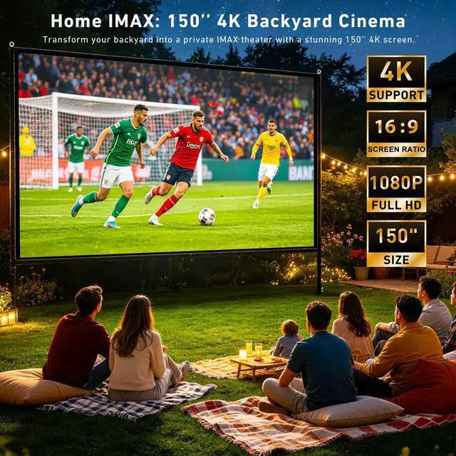 Alt view image 2 of 6 - 150 inch Projector Screen with Stand, 16:9 4K HD Portable Outdoor Movie Screen, Wrinkle-Free Foldable Indoor Projection Screen with Carry Bag & Ground Nails for Backyard Cinema Home Theater