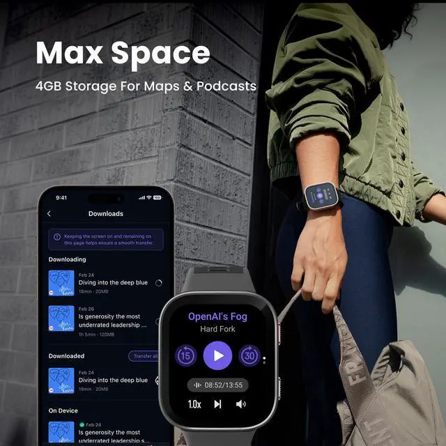 Alt view image 4 of 7 - Bip Max 50mm Smartwatch, 2.07" AMOLED Display, 20 Days of Battery, GPS, 4GB Storage, Offline Maps, Fitness Tracker, Hybrid Training, 150+ Sports, HYROX Mode, 5 ATM for Android & iPhone, Silver