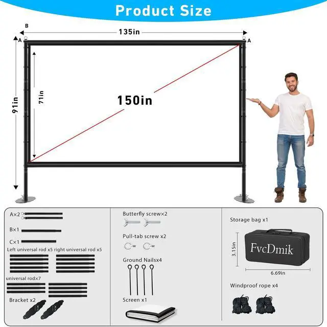 Alt view image 6 of 6 - 150 inch Projector Screen with Stand, 16:9 4K HD Portable Outdoor Movie Screen, Wrinkle-Free Foldable Indoor Projection Screen with Carry Bag & Ground Nails for Backyard Cinema Home Theater