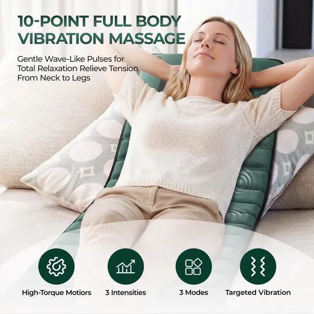 Alt view image 2 of 7 - Full Body Massage Mat with Heat, Detachable Massager Pad Deep Tissue Pain Relief,10 Vibrating Motors for Relaxation at Home or Office